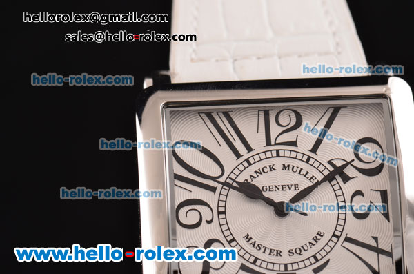 Franck Muller Master Square Swiss Quartz Steel Case with White Dial Numeral Markers and White Leather Strap - Click Image to Close